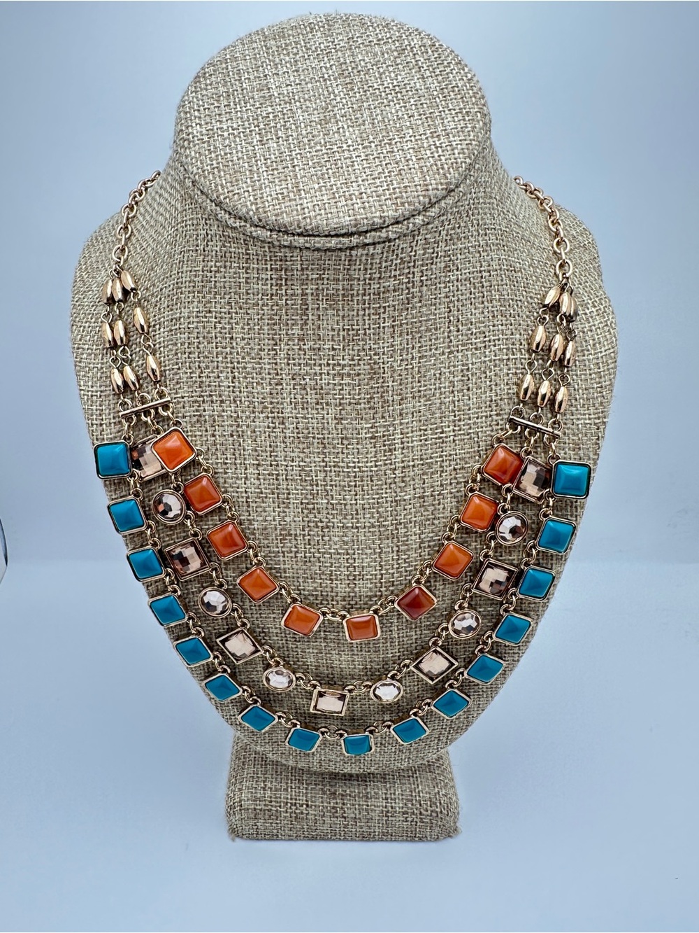 Layered Gold-Tone Necklace with Turquoise and Coral colored Stones